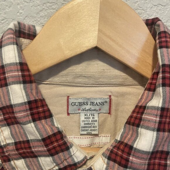 Guess Jeans Men's XL Red Flannel Plaid Western Shirt Button Long Sleeve - Picture 6 of 10